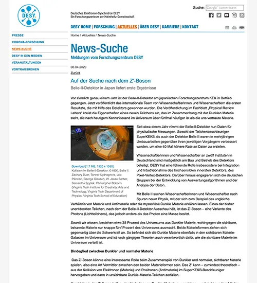 Screenshot of a story on the DESY homepage